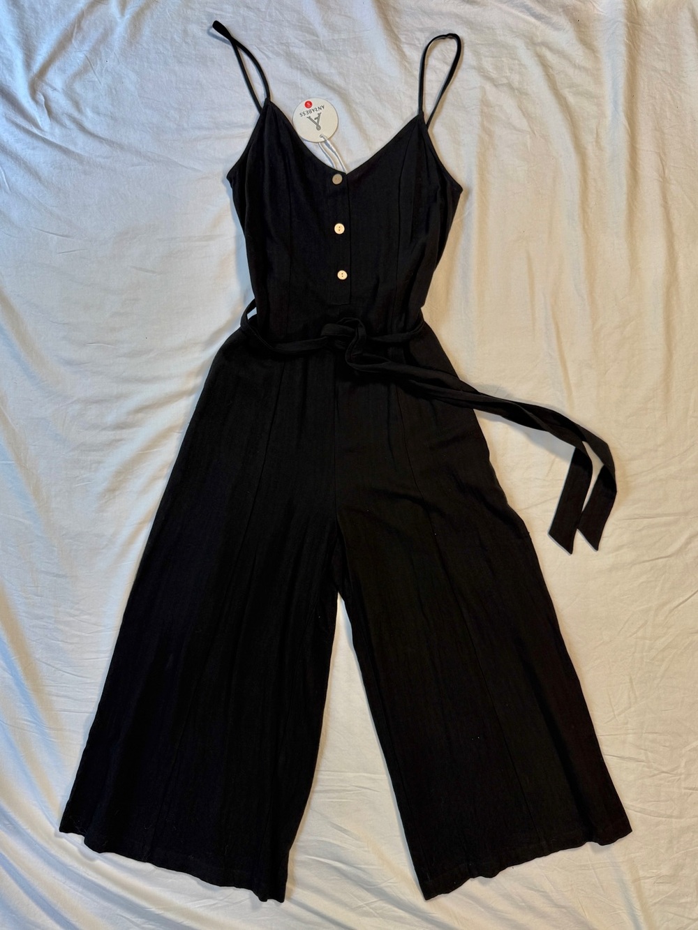 Black Sleeveless Wide-Leg Linen Jumpsuit with Tie Waist